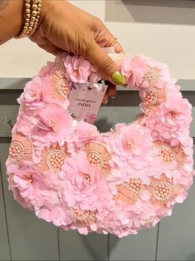 Handcrafted Pink Floral Beaded Tote - India